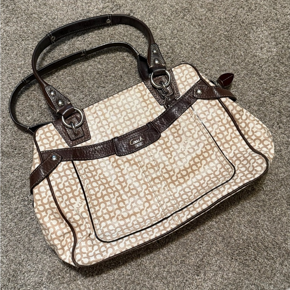Vintage Coach Bag in Coated Canvas with Leather Trims and Straps